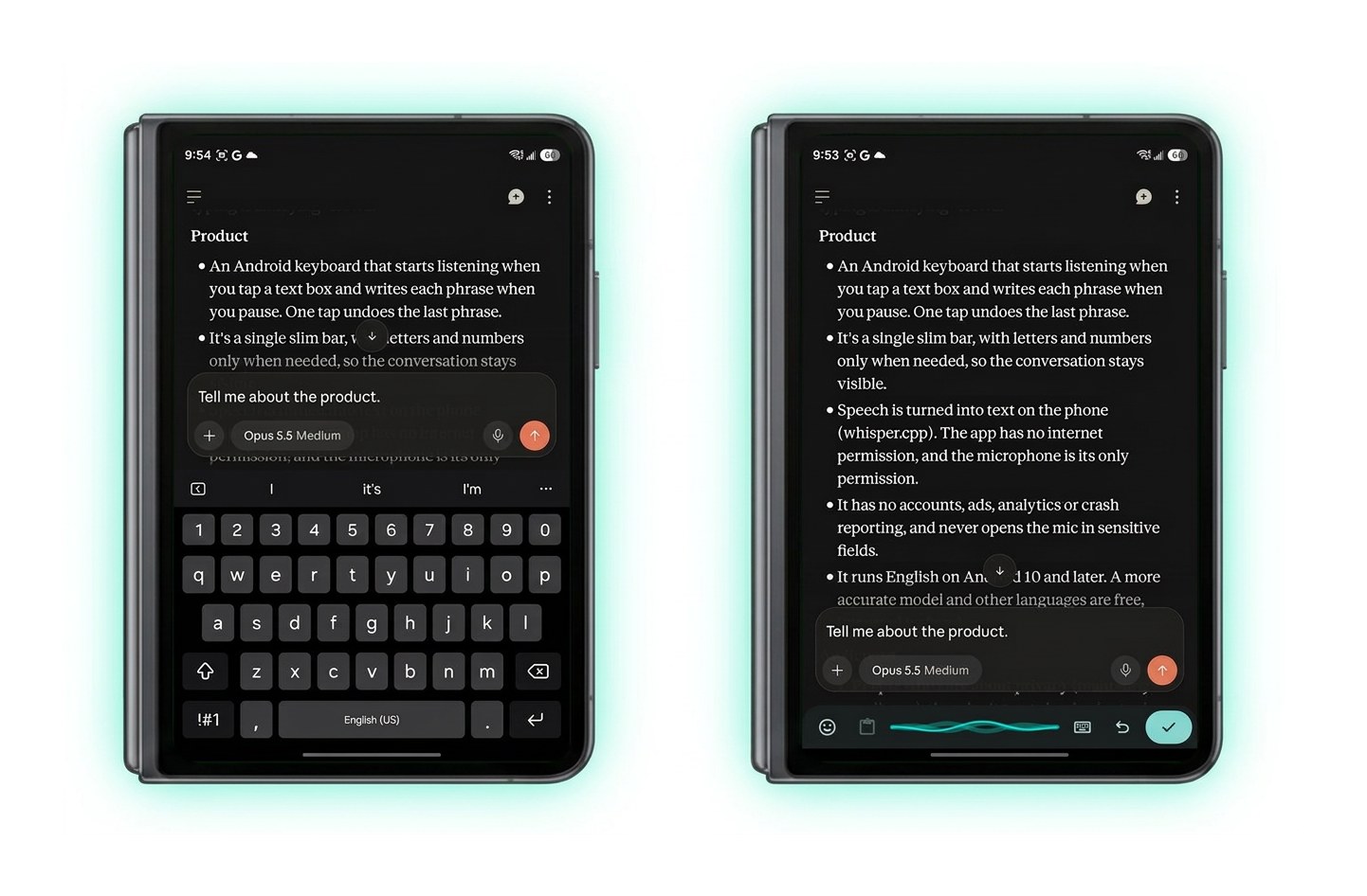 Two folded phones showing the same chat. On the left, a standard keyboard covers nearly half the screen. On the right, VoiceStrip's single bar leaves the whole conversation in view.