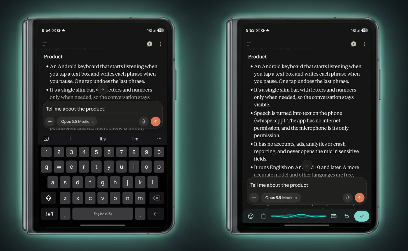 Two folded Galaxy Z Fold 8 phones showing the same chat. On the left, a standard keyboard covers nearly half the screen and only two lines of the reply are visible. On the right, VoiceStrip's single bar leaves the whole reply in view.