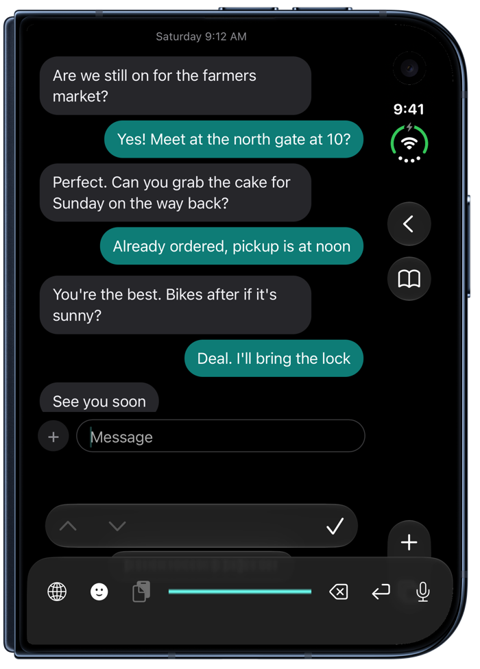VoiceStrip on a folded iPhone Duo: the same chat on the outer screen with VoiceStrip's one-line strip at the bottom.