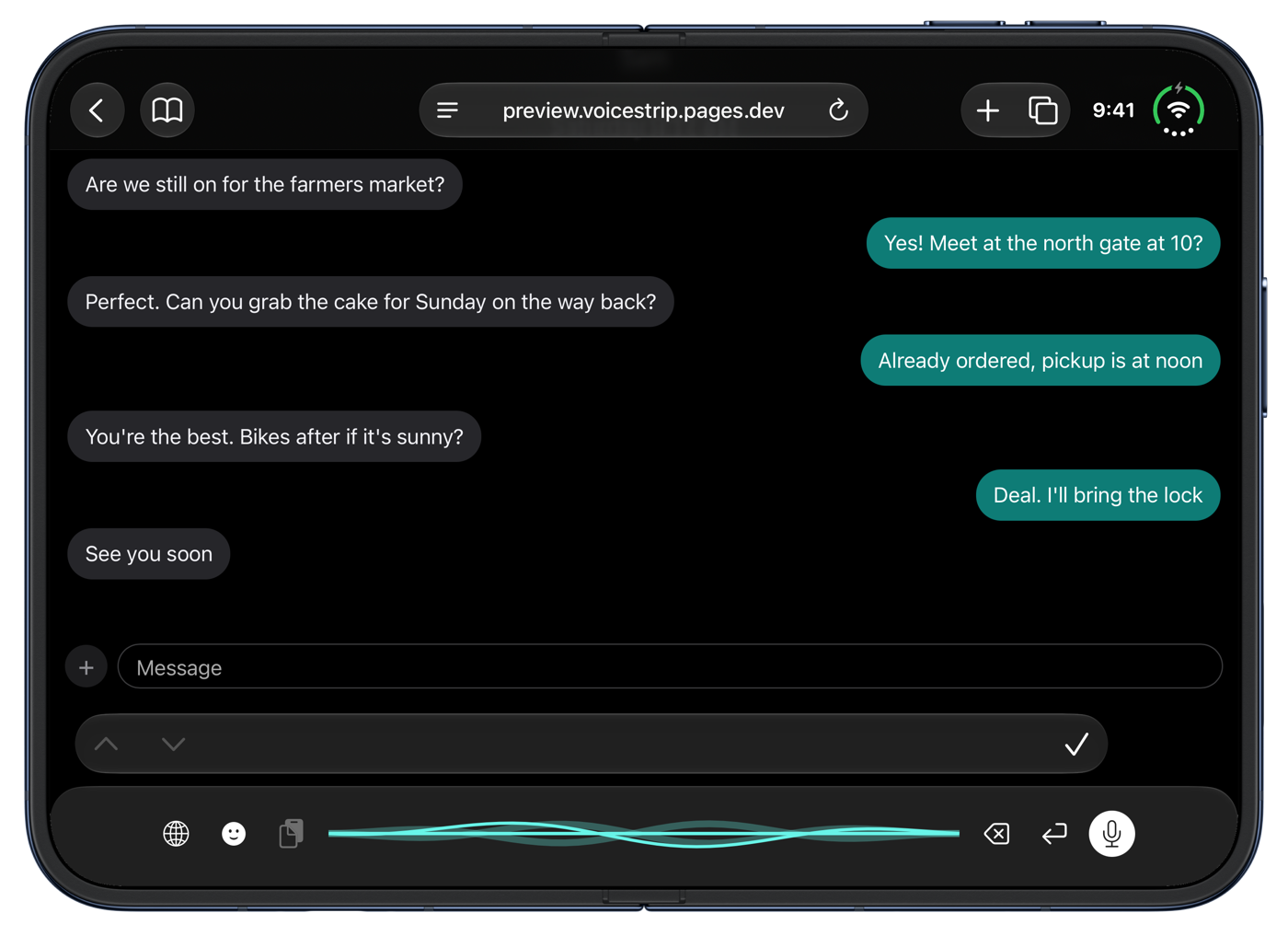 VoiceStrip on an open iPhone Duo in dark mode: a chat fills the screen and VoiceStrip's single line at the bottom is listening, its waveform moving.