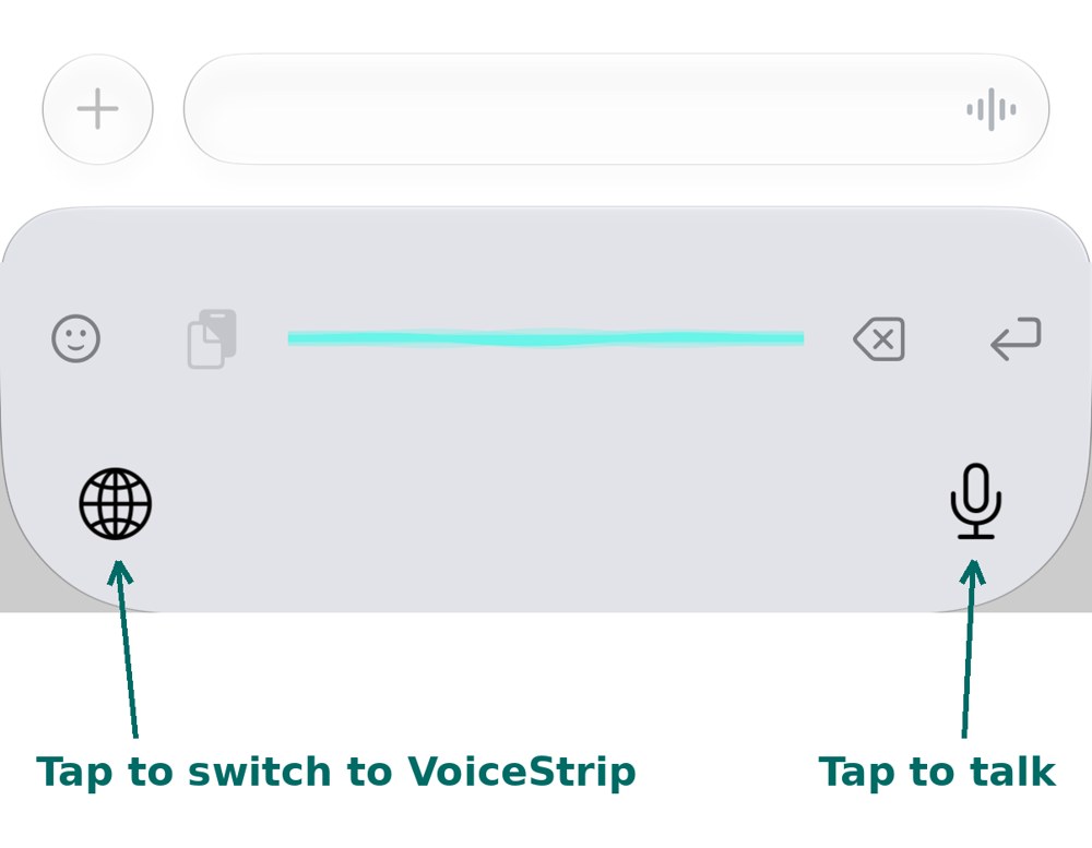 VoiceStrip on an iPhone: the one-line strip with emoji, paste, the waveform, delete and return. An arrow to the globe reads Tap to switch to VoiceStrip, and an arrow to the mic reads Tap to talk.