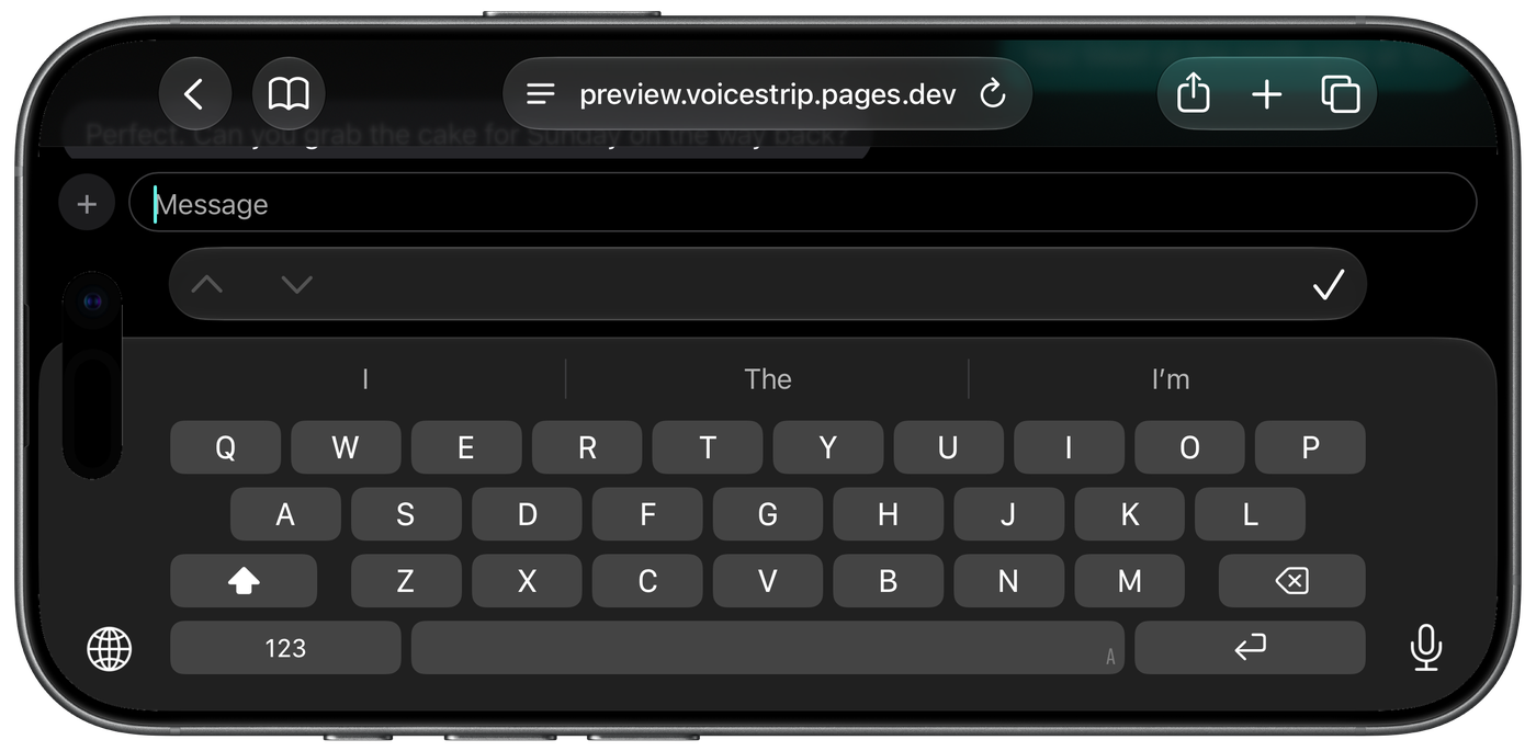 The same iPhone 17 sideways with the standard keyboard: the keys fill the screen and no chat bubble is readable.