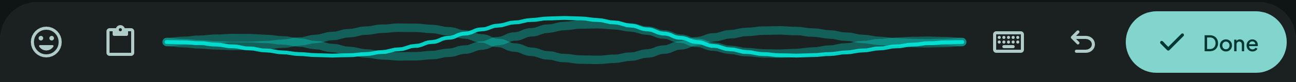 The VoiceStrip bar while listening: emoji and paste buttons, a mint sound wave, the keys button, undo, and Done.